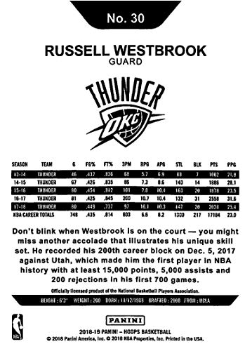 2018-19 Panini Hoops #30 Russell Westbrook Oklahoma City Thunder NBA Basketball Trading Card