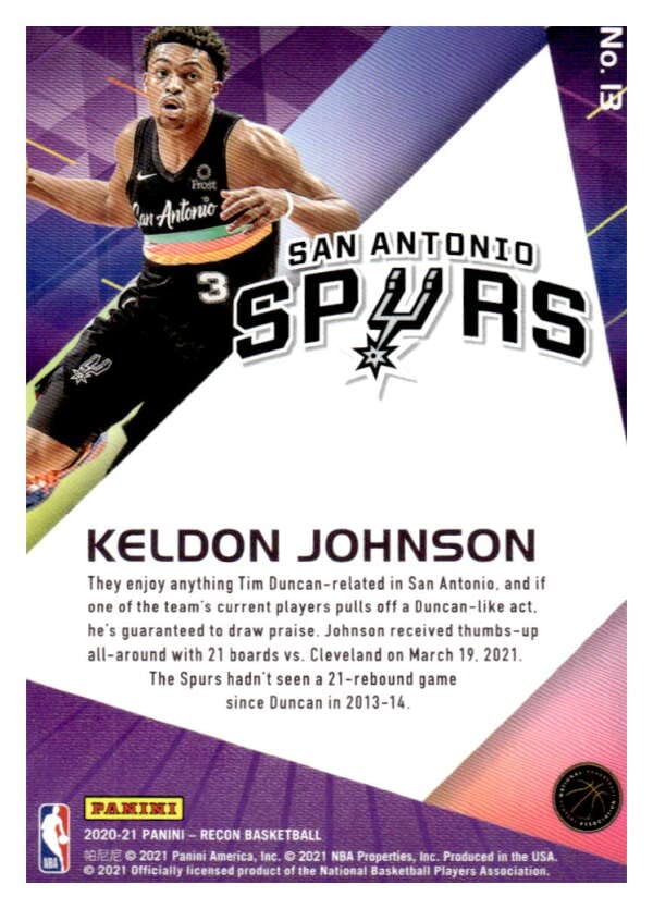 2020-21 PANINI RECON #13 KELDON JOHNSON SAN ANTONIO SPURS BASKETBALL OFFICIAL TRADING CARD OF THE NBA