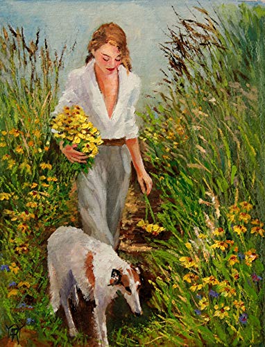 SOLD Handful of Daffodils, Female Figure And Dog By Internationally Renown Impressionist Artist Yary Dluhos