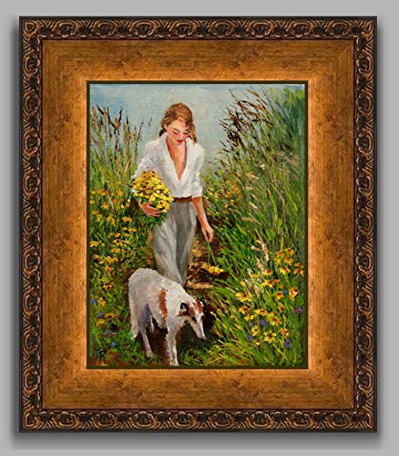 SOLD Handful of Daffodils, Female Figure And Dog By Internationally Renown Impressionist Artist Yary Dluhos