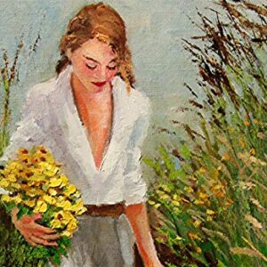 SOLD Handful of Daffodils, Female Figure And Dog By Internationally Renown Impressionist Artist Yary Dluhos