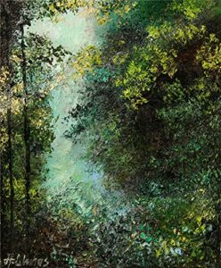 sold the mysterious woods, lush forest trees by internationally renown artist andre dluhos