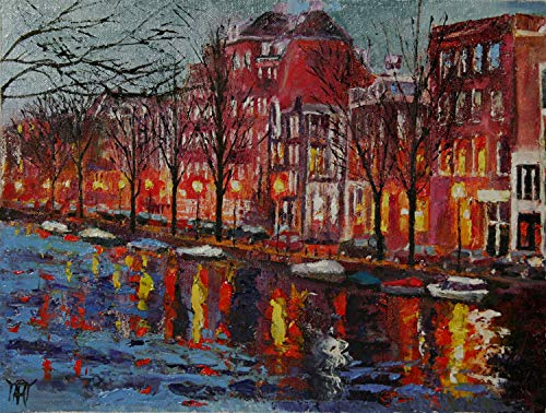 (SOLD) Lights Along Amsterdam - the canals of the Netherlands by internationally renown painter Yary Dluhos