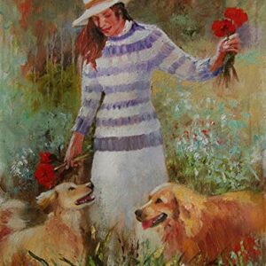 (SOLD) The Puppies and Poppies - female figure and Golden Retrievers by internationally renown painter Yary Dluhos