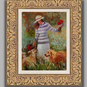 (SOLD) The Puppies and Poppies - female figure and Golden Retrievers by internationally renown painter Yary Dluhos