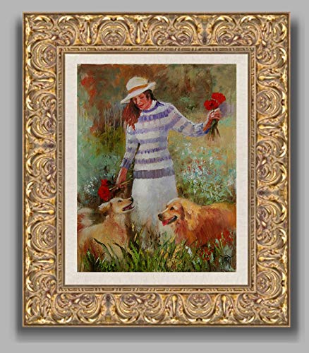 (SOLD) The Puppies and Poppies - female figure and Golden Retrievers by internationally renown painter Yary Dluhos