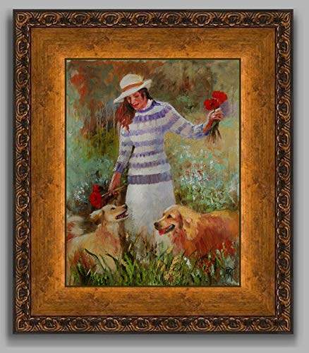 (SOLD) The Puppies and Poppies - female figure and Golden Retrievers by internationally renown painter Yary Dluhos