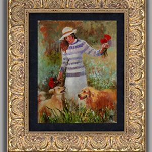 (SOLD) The Puppies and Poppies - female figure and Golden Retrievers by internationally renown painter Yary Dluhos