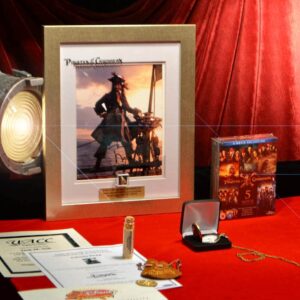 JOHNNY DEPP Signed PIRATES OF CARIBBEAN PHOTO, SCREEN USED PROP GOLD NUGGETS & COIN, WATCH, SAND, BLU RAY