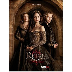 adelaide kane 8 inch x 10 inch photograph reign (tv series 2013- 2017) off shoulder dress in front of & between megan follows & toby regbo “peace is fragile” title poster kn