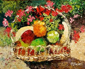 fruit basket and flowers, still life by internationally renowned artist andre dluhos