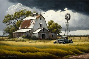 old barn truck windmill farm art canvas print (12″x16″)