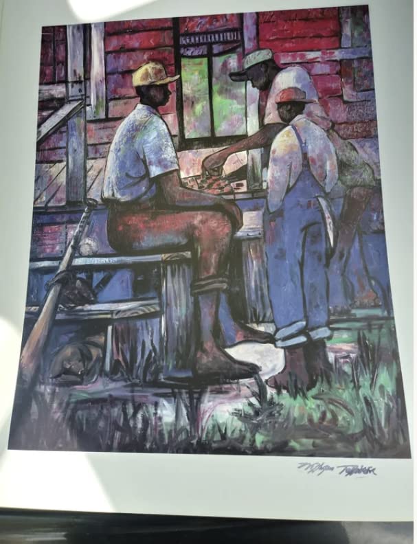 William Tolliver, Afternoon Checkers, Estate Signed, black art (18x14.5)