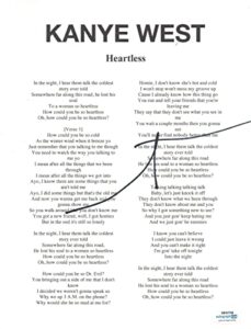 kanye west signed autographed heartless song lyric 8.5×11 sheet acoa coa