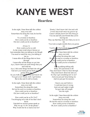 Kanye West Signed Autographed Heartless Song Lyric 8.5x11 Sheet ACOA COA