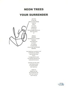 tyler glenn signed autographed neon trees your surrender lyric sheet acoa coa