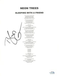 tyler glenn signed neon trees sleeping with a friend song lyric sheet acoa coa