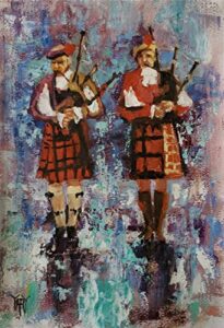 sold – scotland the brave, scottish bagpipe players by internationally renowned painter yary dluhos