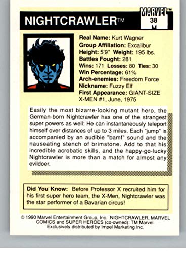 1990 Impel Marvel Universe #38 Nightcrawler Non Sport Entertainment Trading Card in Raw (NM or Better) Condition