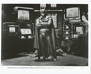 batman 1989 movie 8×10 inch press kit photo michael keaton with tv monitors