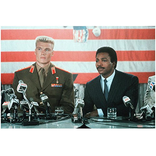 Dolph Lundgren 8 Inch x 10 Inch Photograph Seated w/Carl Weathers in Front of Microphones kn