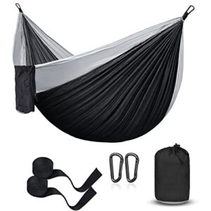 hammock camping, portable single hammocks for outdoor hiking travel backpacking – 210d nylon hammock swing for backyard & garden 55”w108”l (black/gray)