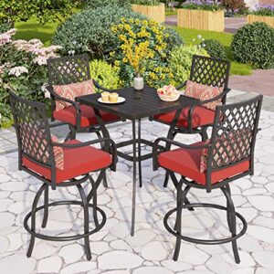 phi villa patio bar set, 5 pcs outdoor metal bar set with 4 swivel cushioned stools & 31″ square patio bar table with umbrella hole, outdoor furniture set for patios backyard, porches or garden