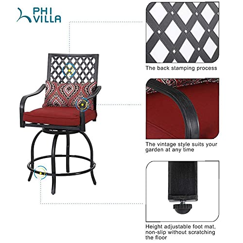 PHI VILLA Patio Bar Set, 5 pcs Outdoor Metal Bar Set with 4 Swivel Cushioned Stools & 31" Square Patio Bar Table with Umbrella Hole, Outdoor Furniture Set for Patios Backyard, Porches or Garden