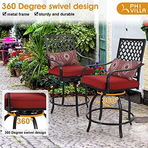 PHI VILLA Patio Bar Set, 5 pcs Outdoor Metal Bar Set with 4 Swivel Cushioned Stools & 31" Square Patio Bar Table with Umbrella Hole, Outdoor Furniture Set for Patios Backyard, Porches or Garden