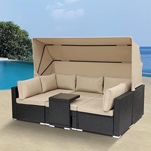 MAGIC UNION 7 Pieces Patio Furniture Sets Daybed with Retractable Canopy, Outdoor Rattan Sectional Sofa Set, Wicker Patio Seating Chairs with Adjustable Backrest for Backyard,Garden,Poolside (Khaki)