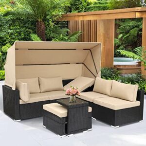 MAGIC UNION 7 Pieces Patio Furniture Sets Daybed with Retractable Canopy, Outdoor Rattan Sectional Sofa Set, Wicker Patio Seating Chairs with Adjustable Backrest for Backyard,Garden,Poolside (Khaki)