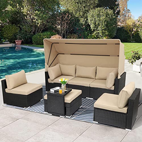 MAGIC UNION 7 Pieces Patio Furniture Sets Daybed with Retractable Canopy, Outdoor Rattan Sectional Sofa Set, Wicker Patio Seating Chairs with Adjustable Backrest for Backyard,Garden,Poolside (Khaki)