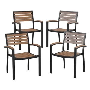 flash furniture stackable aluminum patio chair – all-weather black framed side chair with faux teak slats – faux teak accented arms – commercial grade – set of 4