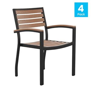 Flash Furniture Stackable Aluminum Patio Chair - All-Weather Black Framed Side Chair with Faux Teak Slats - Faux Teak Accented Arms - Commercial Grade - Set of 4
