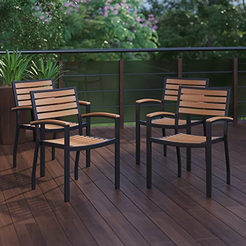 Flash Furniture Stackable Aluminum Patio Chair - All-Weather Black Framed Side Chair with Faux Teak Slats - Faux Teak Accented Arms - Commercial Grade - Set of 4