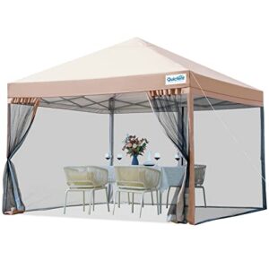 quictent 8’x8′ ez pop up canopy tent with netting screened, outdoor instant portable gazebo screen house room tent -fully sealed, waterproof & sand bags included (tan)