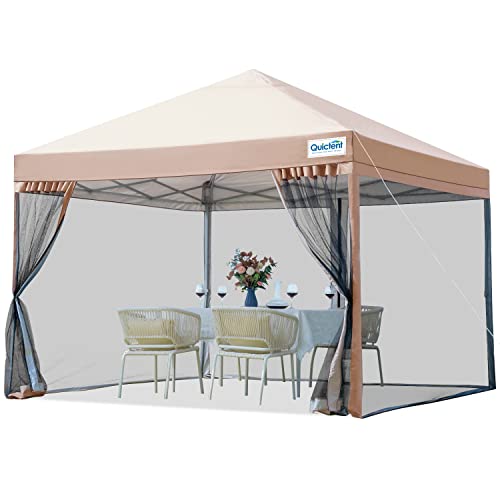 Quictent 8'x8' Ez Pop up Canopy Tent with Netting Screened, Outdoor Instant Portable Gazebo Screen House Room Tent -Fully Sealed, Waterproof & Sand Bags Included (Tan)