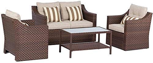 SOLAURA Patio Furniture Set Outdoor Conversation Set All Weather Wicker Furniture 4 Pieces Sectional Sofa Set with Tempered Glass Coffee Table-Brown