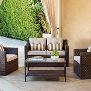 SOLAURA Patio Furniture Set Outdoor Conversation Set All Weather Wicker Furniture 4 Pieces Sectional Sofa Set with Tempered Glass Coffee Table-Brown