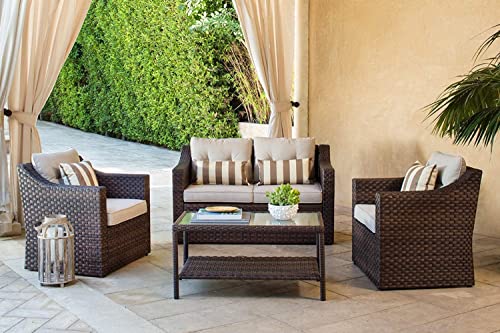 SOLAURA Patio Furniture Set Outdoor Conversation Set All Weather Wicker Furniture 4 Pieces Sectional Sofa Set with Tempered Glass Coffee Table-Brown