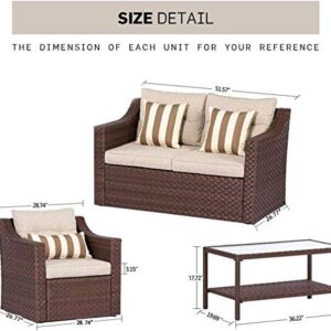 SOLAURA Patio Furniture Set Outdoor Conversation Set All Weather Wicker Furniture 4 Pieces Sectional Sofa Set with Tempered Glass Coffee Table-Brown