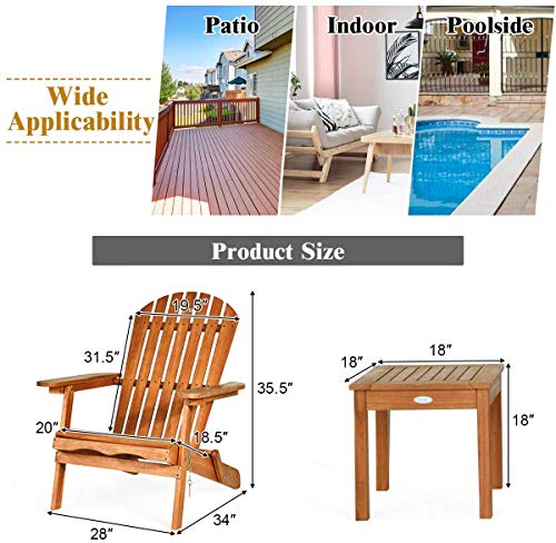 ReunionG 3Pcs Adirondack Chair and Table Set, Outdoor Wooden Lounger Chairs Set w/Widened Armrest, Eucalyptus Frame, Natural Finish, Foldable Chatting Furniture Set for Indoor, Patio and Garden