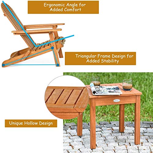 ReunionG 3Pcs Adirondack Chair and Table Set, Outdoor Wooden Lounger Chairs Set w/Widened Armrest, Eucalyptus Frame, Natural Finish, Foldable Chatting Furniture Set for Indoor, Patio and Garden