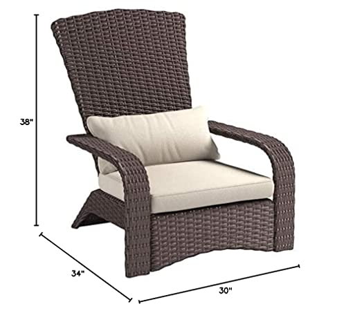 Patio Sense 62172 Deluxe Coconino Wicker Lounge Chair All Weather Wicker Armchair Lightweight Durable Adirondack Style Includes 3" Thick Beige Cushion & Lumbar Pillow - Mocha Finish