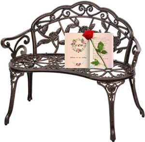 patio bench outdoor garden bench,metal park bench 39.7″ outside porch chair,cast iron sturdy steel frame furniture chair for yard porch entryway lawn decor deck,clearance floral rose bench,bronze