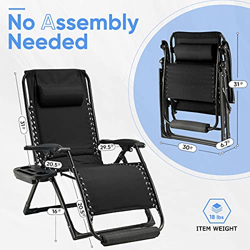 Ezcheer Oversized Padded Zero Gravity Chair with Foot Rest Cushion & Headrest, Support 400 lbs Extra Wide Seat Folding Patio Recliner (Black)