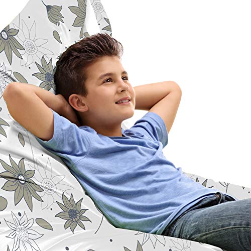 Lunarable Floral Lounger Chair Bag, Hand-Drawn Flyaway Flowers and Petals Upside Down Alignement, High Capacity Storage with Handle Container, Lounger Size, Charcoal Grey Sage Green