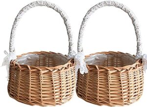 rtway wicker rattan flower basket, set of 2 wedding flower girl baskets, willow handwoven basket with handles and plastic insert, woven eggs candy basket for home garden decor