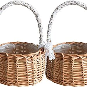 RTWAY Wicker Rattan Flower Basket, Set of 2 Wedding Flower Girl Baskets, Willow Handwoven Basket with Handles and Plastic Insert, Woven Eggs Candy Basket for Home Garden Decor