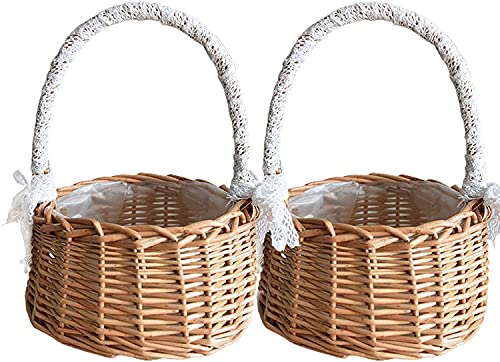 RTWAY Wicker Rattan Flower Basket, Set of 2 Wedding Flower Girl Baskets, Willow Handwoven Basket with Handles and Plastic Insert, Woven Eggs Candy Basket for Home Garden Decor